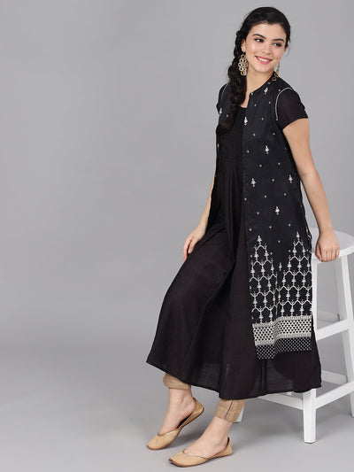 Black Printed Round-Neck A-Line Kurta