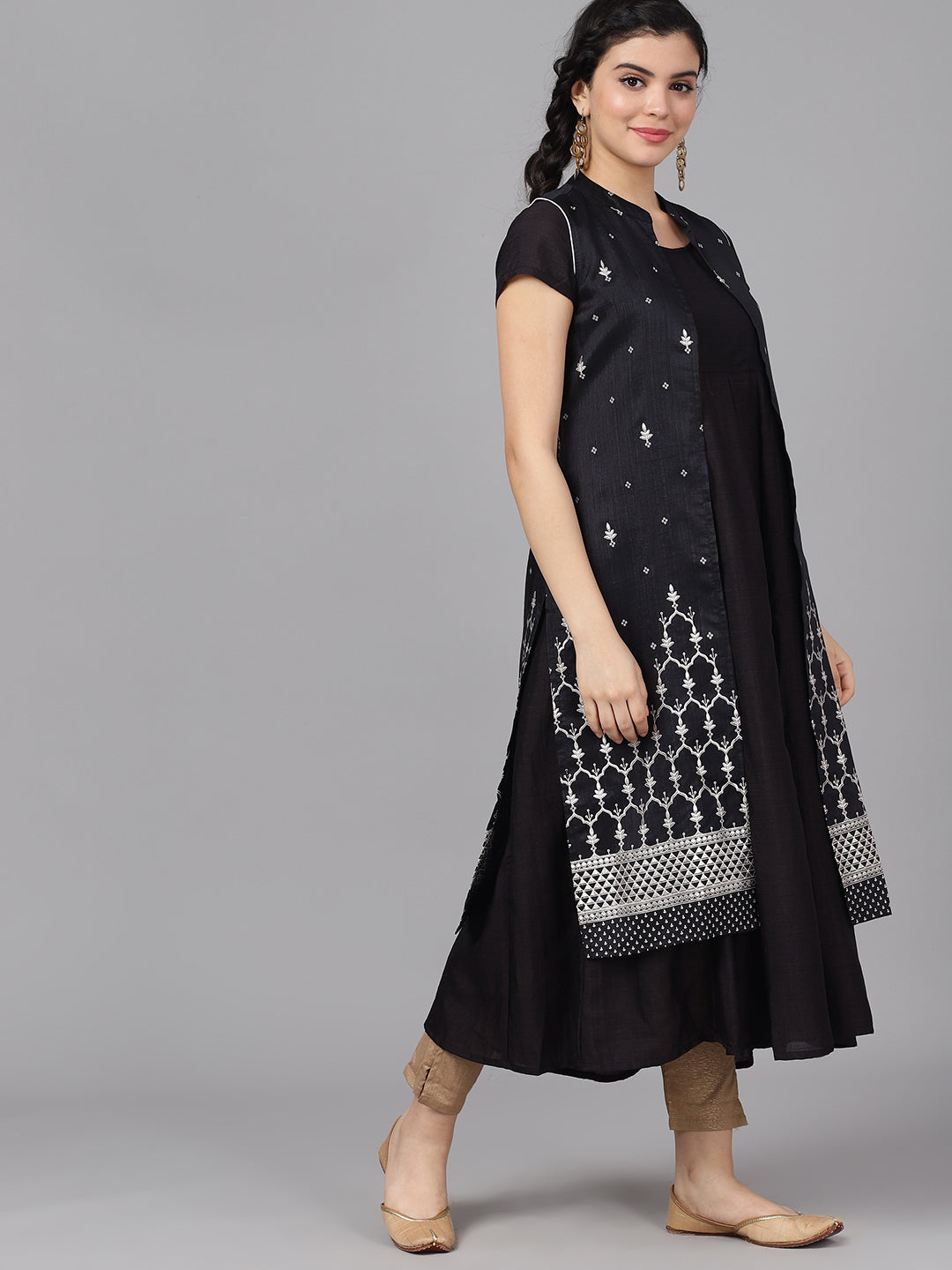 Black Printed Round-Neck A-Line Kurta