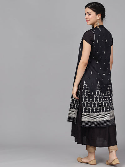 Black Printed Round-Neck A-Line Kurta