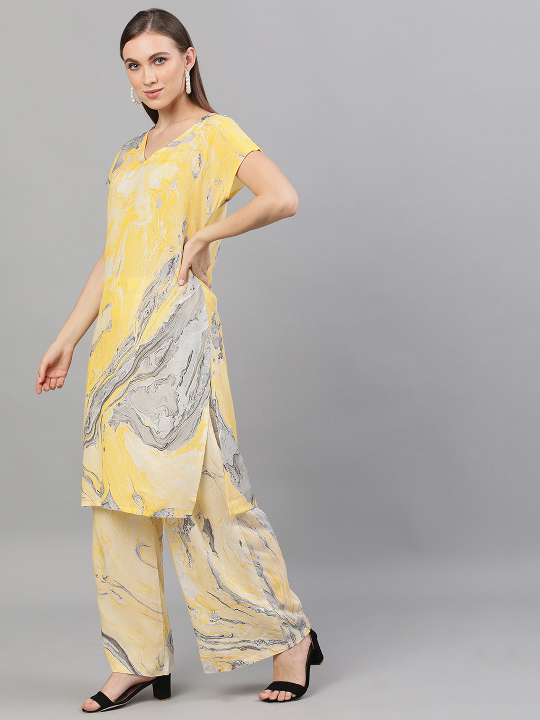 Yellow & Grey Marble Print Kurta