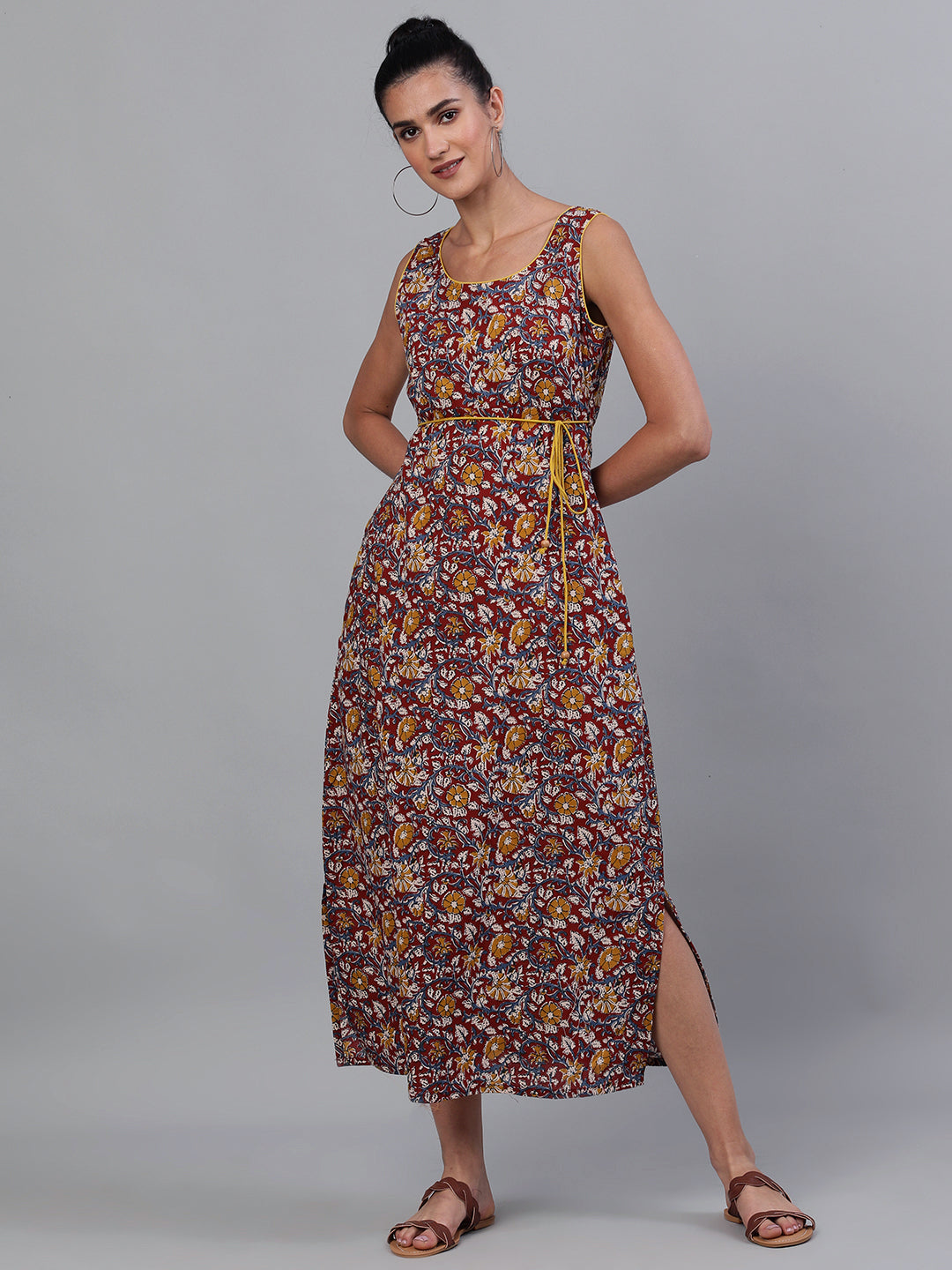 Maroon Floral Print High Slit Maxi Dress