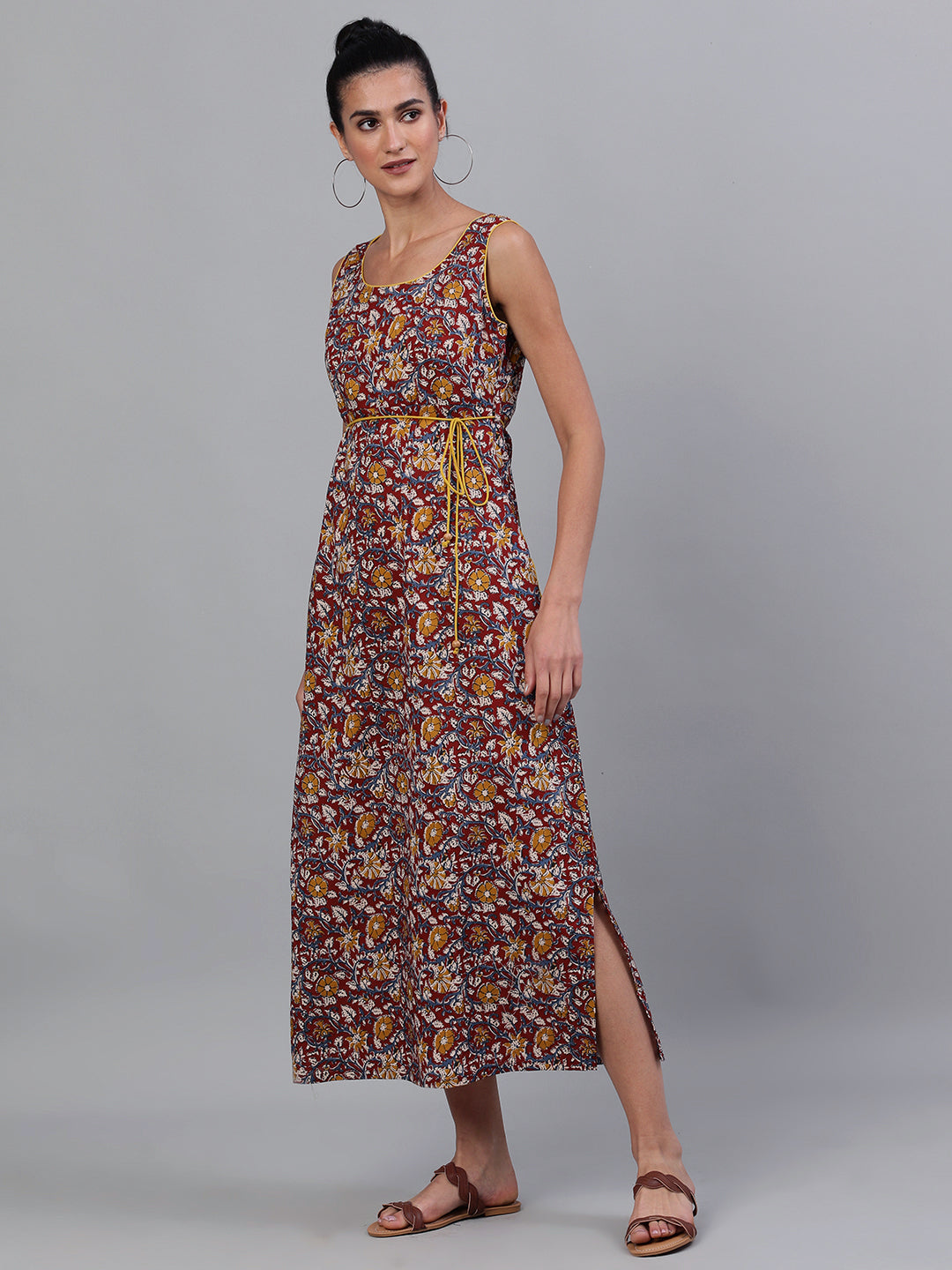 Maroon Floral Print High Slit Maxi Dress