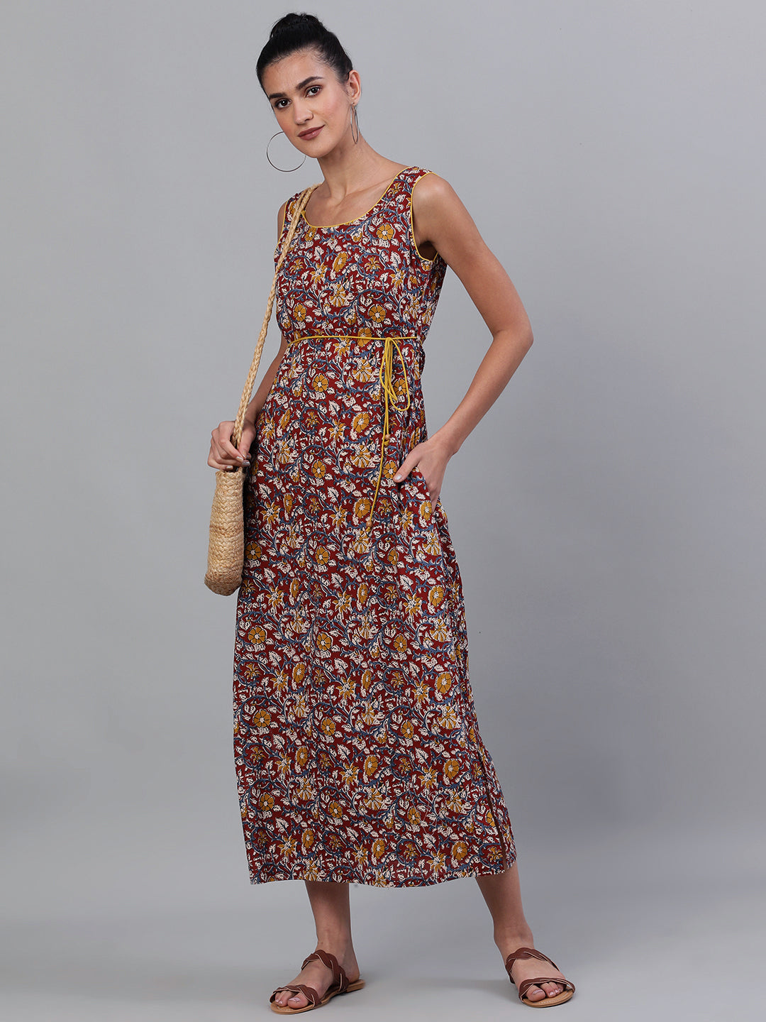 Maroon Floral Print High Slit Maxi Dress