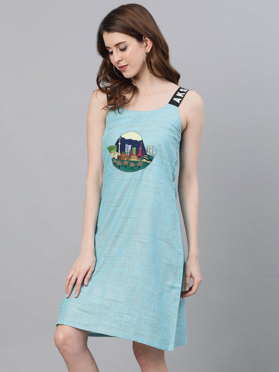 Blue Textured Sleeveless Sheath Dress With Embroidery