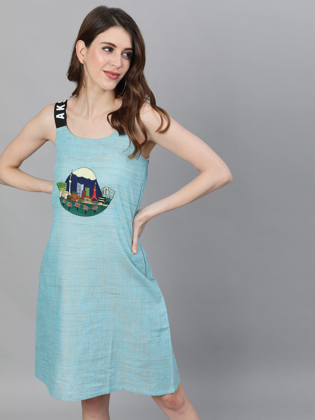 Blue Textured Sleeveless Sheath Dress With Embroidery