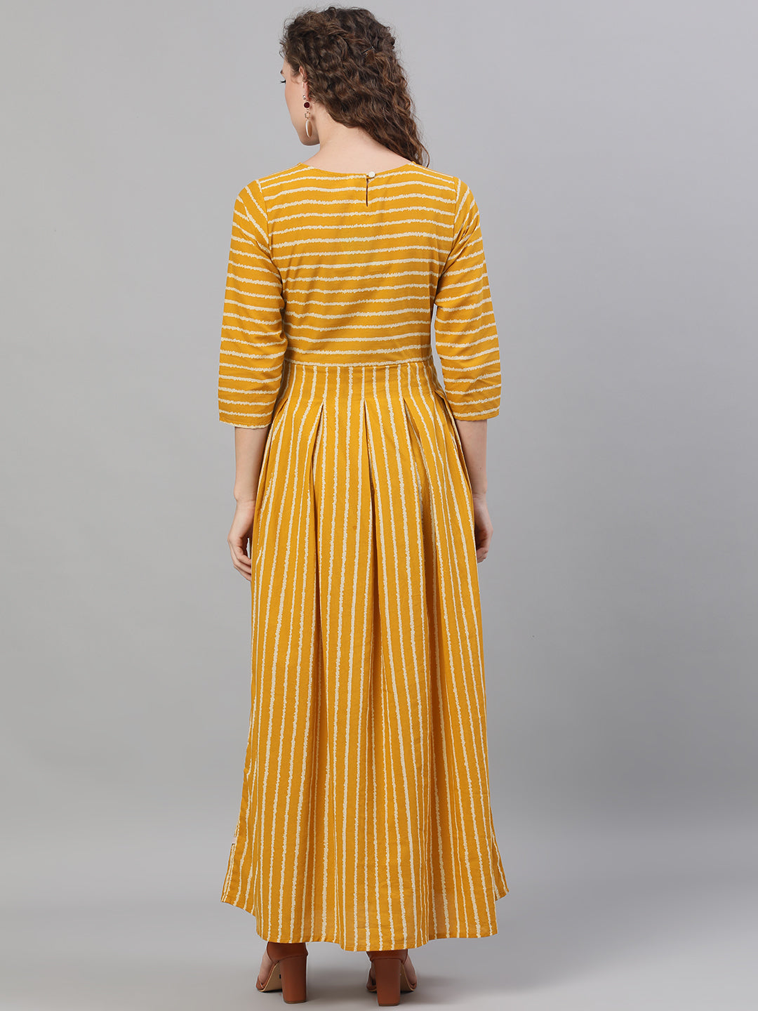 Mustard Striped Box Pleated Maxi Dress