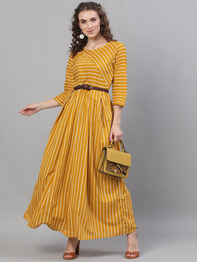 Mustard Striped Box Pleated Maxi Dress
