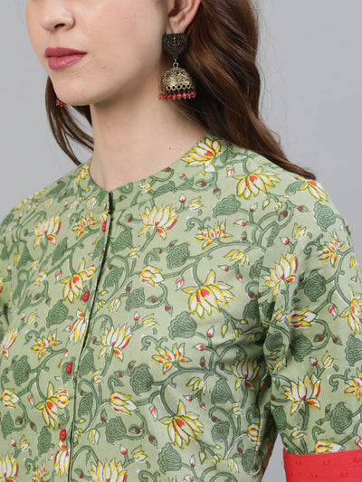 Green Floral Print Button Down Kurta