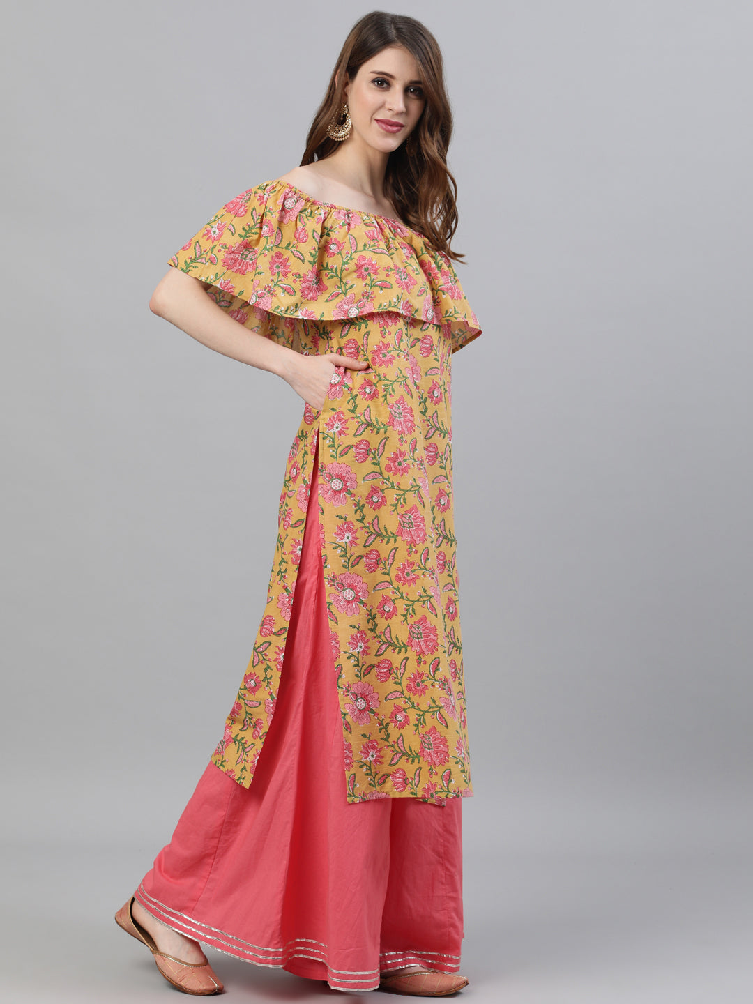 Yellow Floral Print Off-Shoulder Sraight Kurta