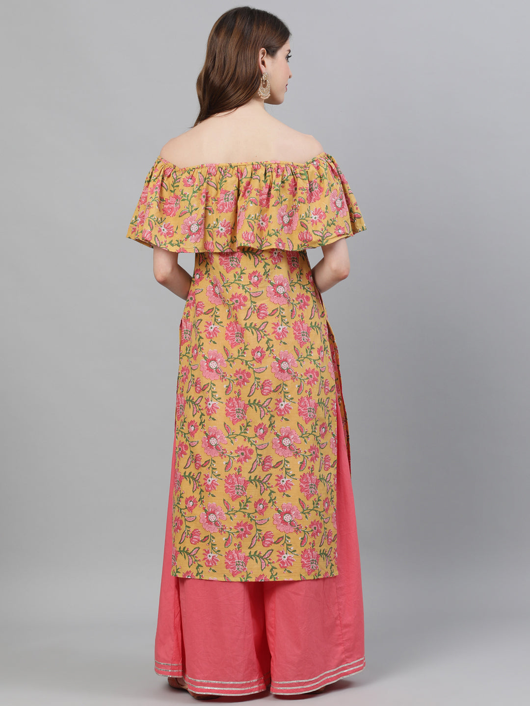 Yellow Floral Print Off-Shoulder Sraight Kurta