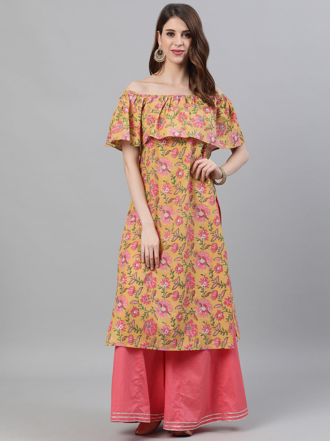 Yellow Floral Print Off-Shoulder Sraight Kurta