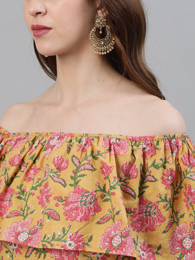 Yellow Floral Print Off-Shoulder Sraight Kurta