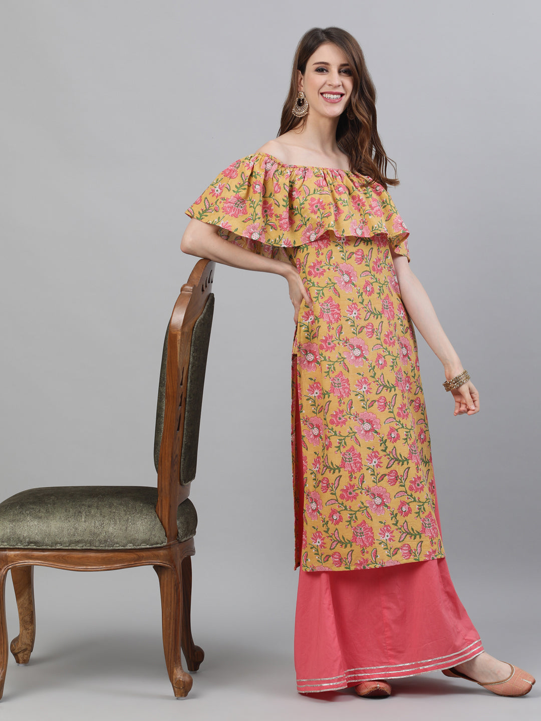 Yellow Floral Print Off-Shoulder Sraight Kurta