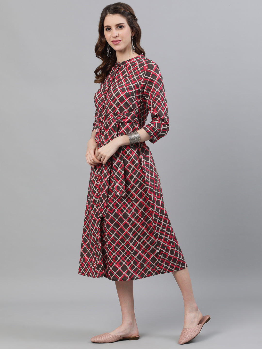 Brown Printed Button Down Midi Dress