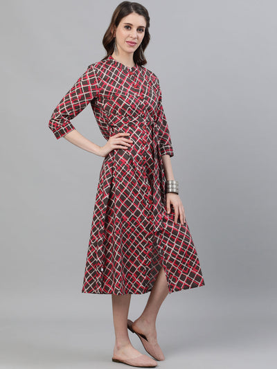 Brown Printed Button Down Midi Dress