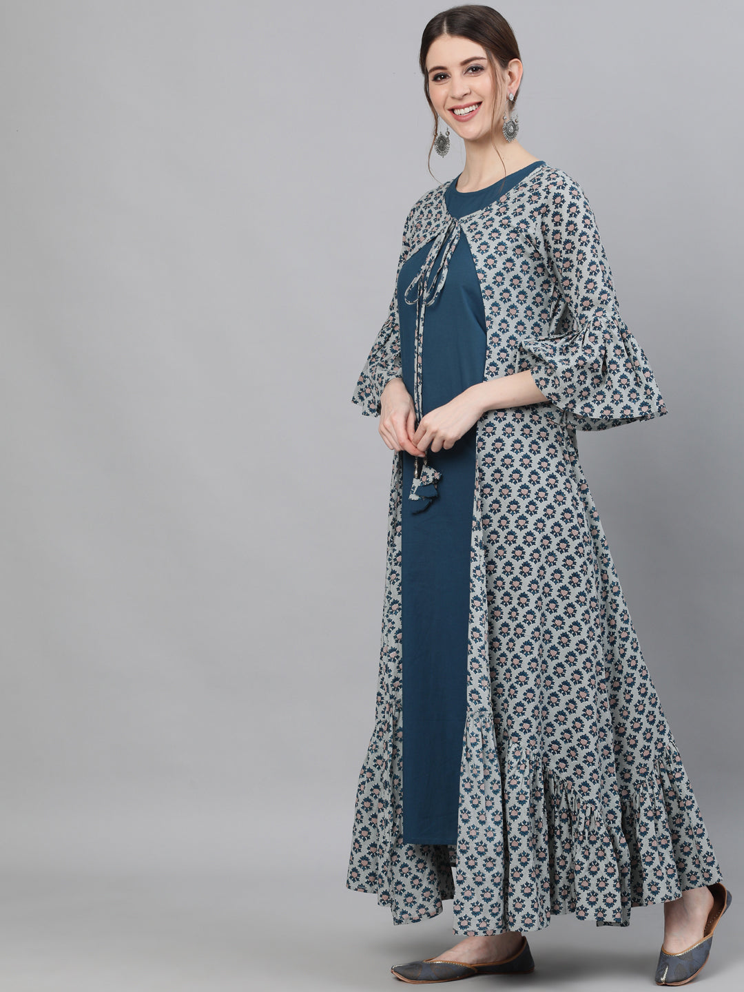 Blue Printed Double Layered Maxi Dress