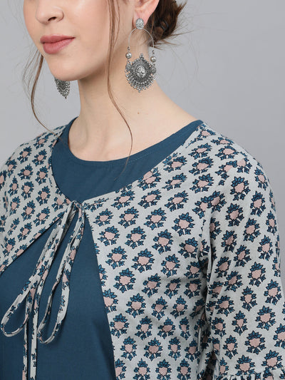 Blue Printed Double Layered Maxi Dress