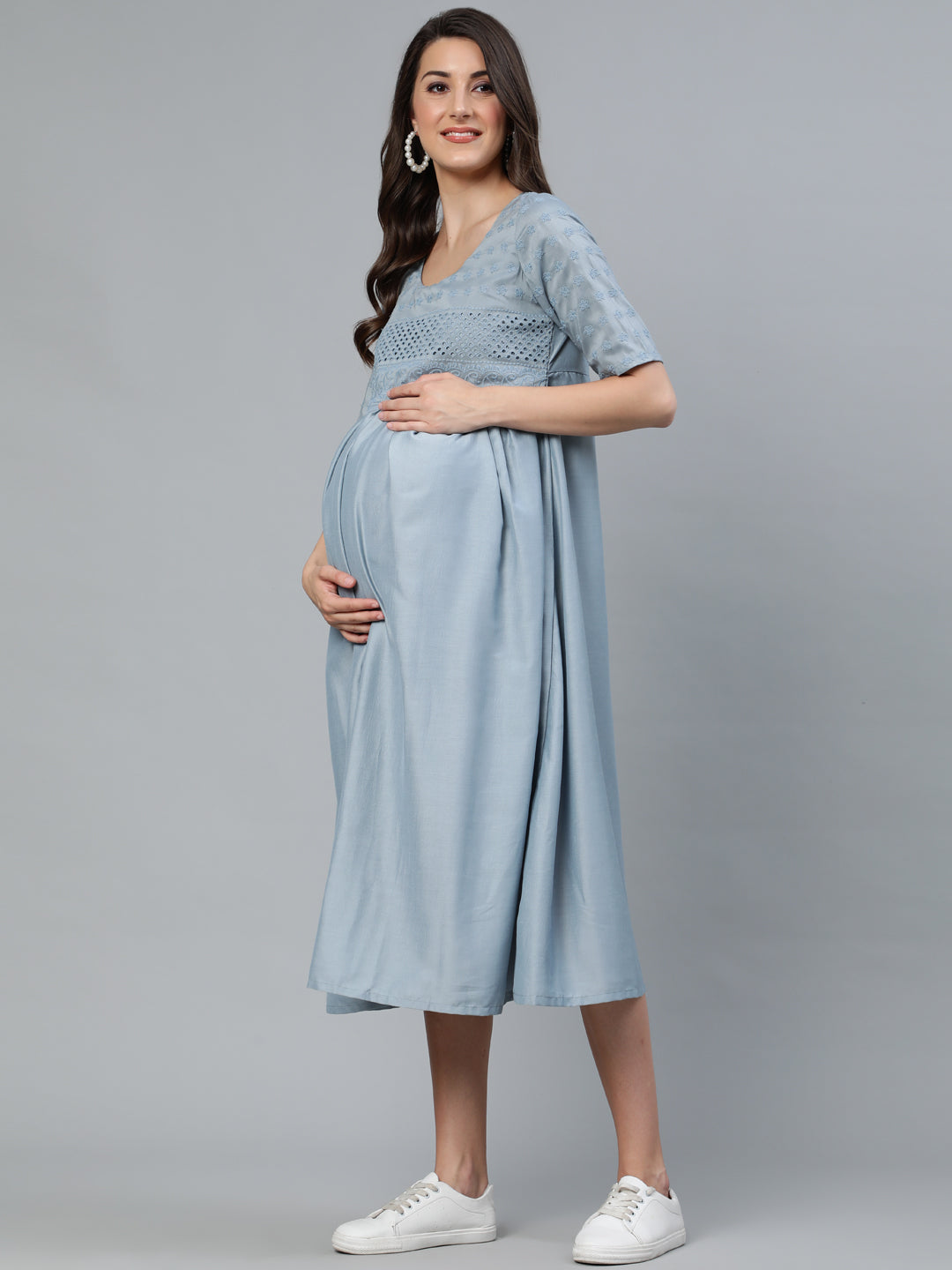 Blue Schiffli Designed Maternity Dress