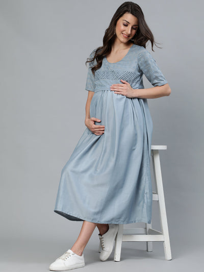 Blue Schiffli Designed Maternity Dress