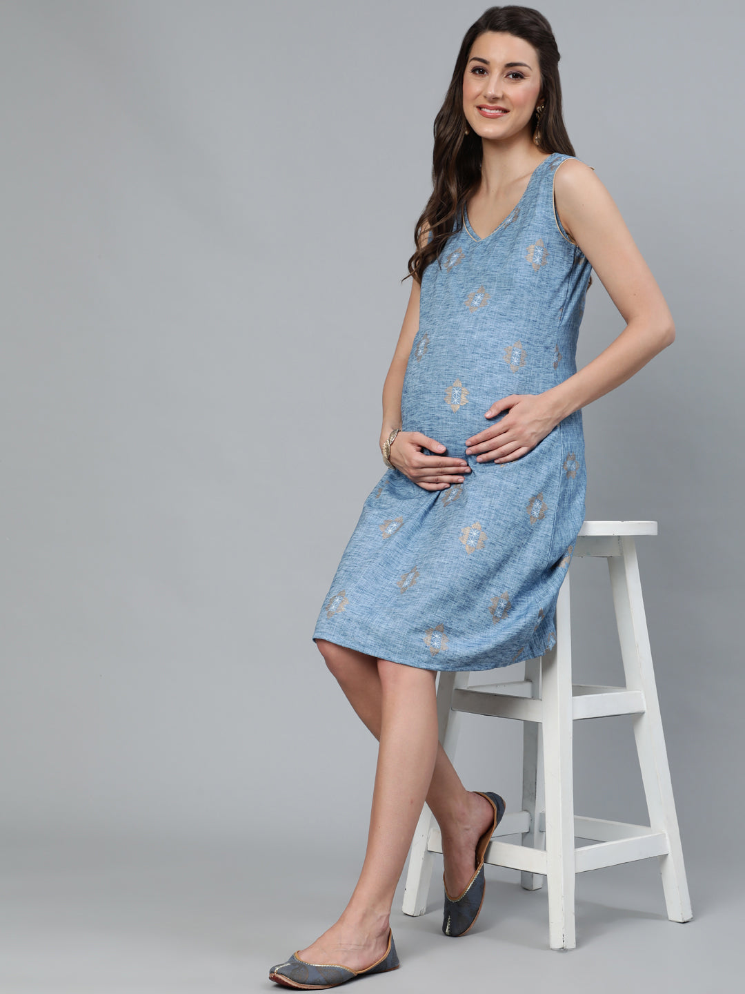 Blue Gold Printed Maternity Dress