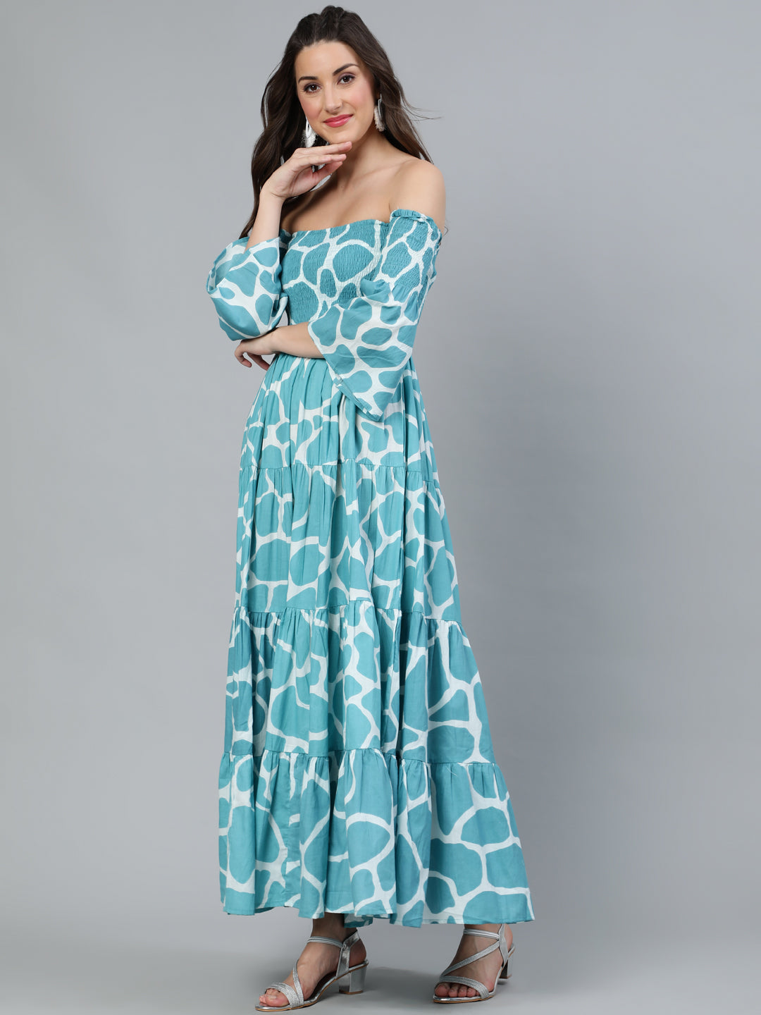 Blue Animal Print Off-Shoulder Tiered Dress