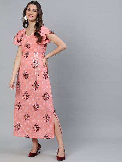 Peach Floral Print Long Dress With Ruffle Sleeve