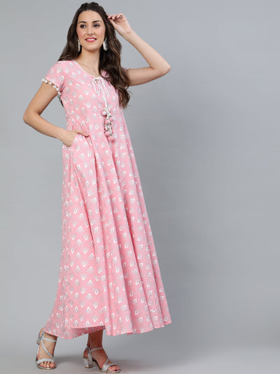 Pink Printed Flared Maxi Dress