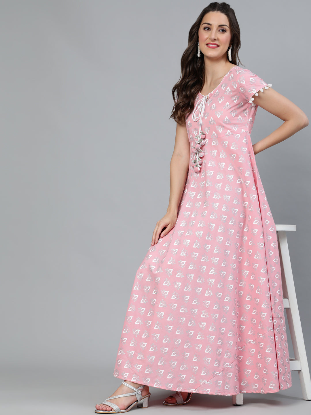 Pink Printed Flared Maxi Dress