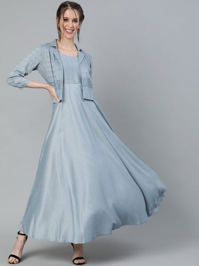 Blue Schiffli Designed Maxi Dress With Jacket