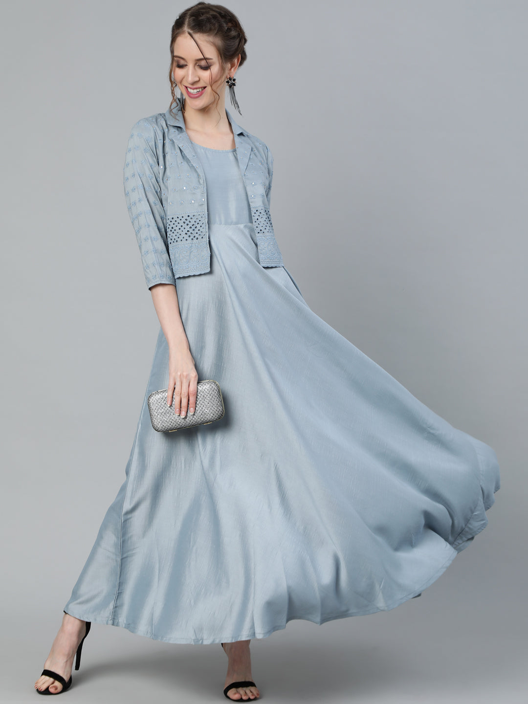 Blue Schiffli Designed Maxi Dress With Jacket