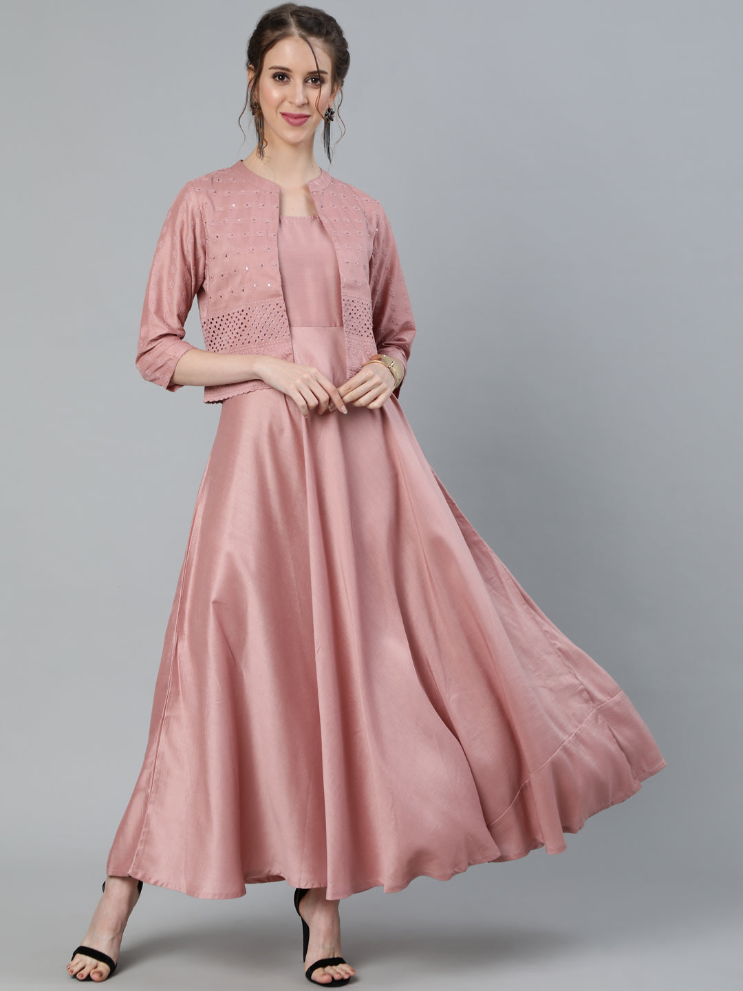 Rose Gold Schiffli Design Maxi Dress With Jacket