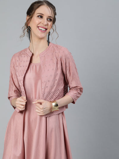 Rose Gold Schiffli Design Maxi Dress With Jacket
