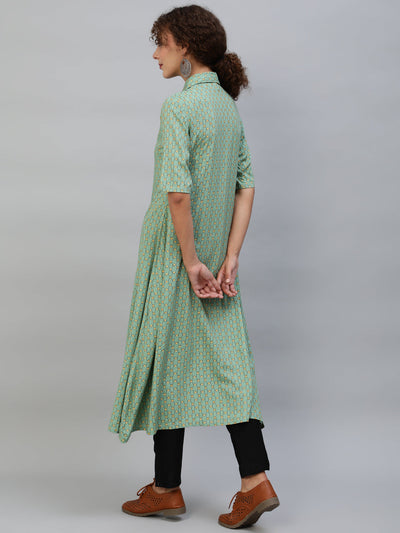 Green  Printed Button Down A-Line Kurta