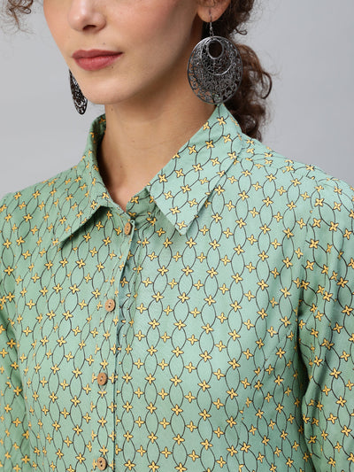 Green  Printed Button Down A-Line Kurta