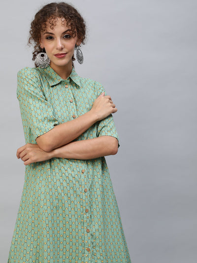 Green  Printed Button Down A-Line Kurta