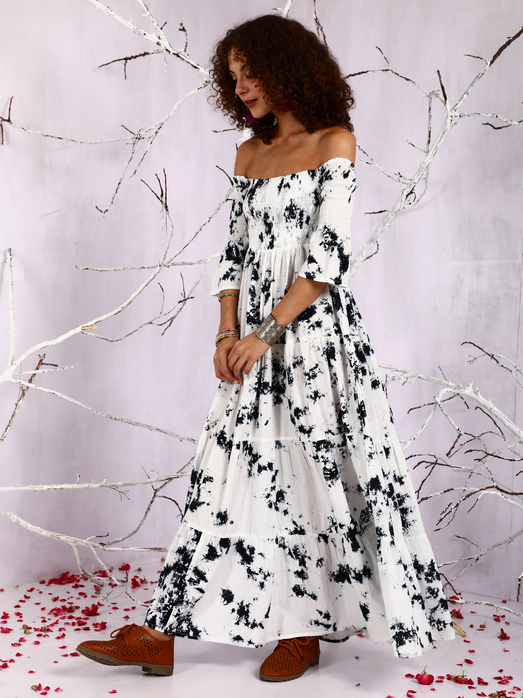 White Tie & Dye Off-Shoulder Tiered Maxi Dress