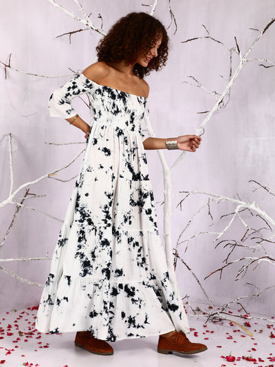 White Tie & Dye Off-Shoulder Tiered Maxi Dress