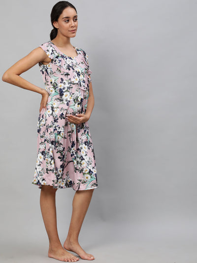 Peach Floral Print Night Dress