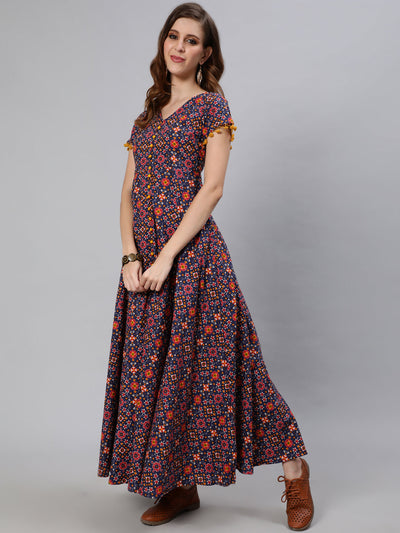 Blue Patola Print Flared Maxi Dress