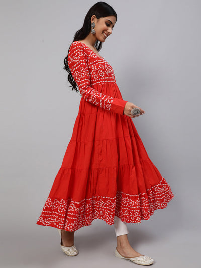 Red Bandhani Print Tiered Anarkali