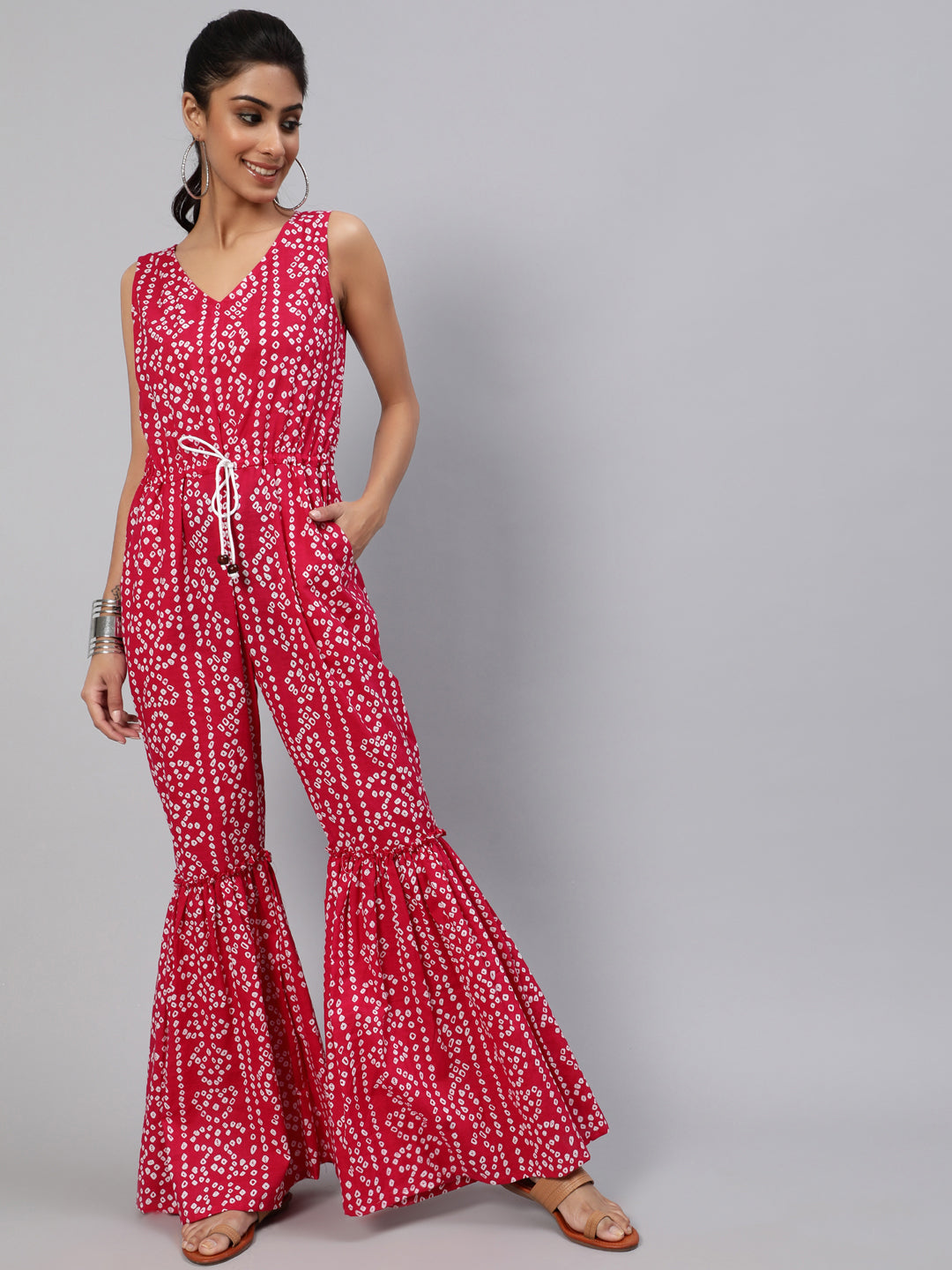 Pink Printed Flared Jumpsuit