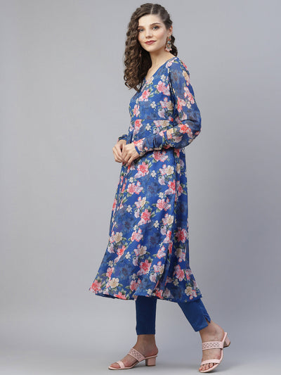 Blue Floral Print Anarkali With Dupatta