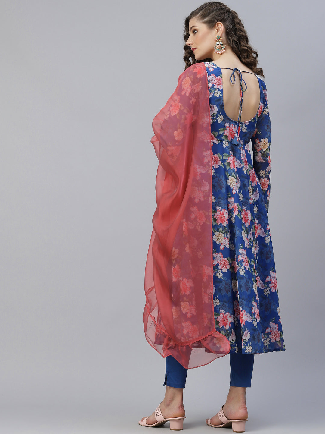 Blue Floral Print Anarkali With Dupatta