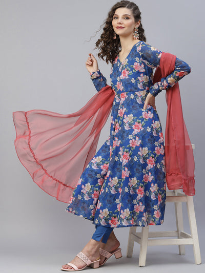 Blue Floral Print Anarkali With Dupatta