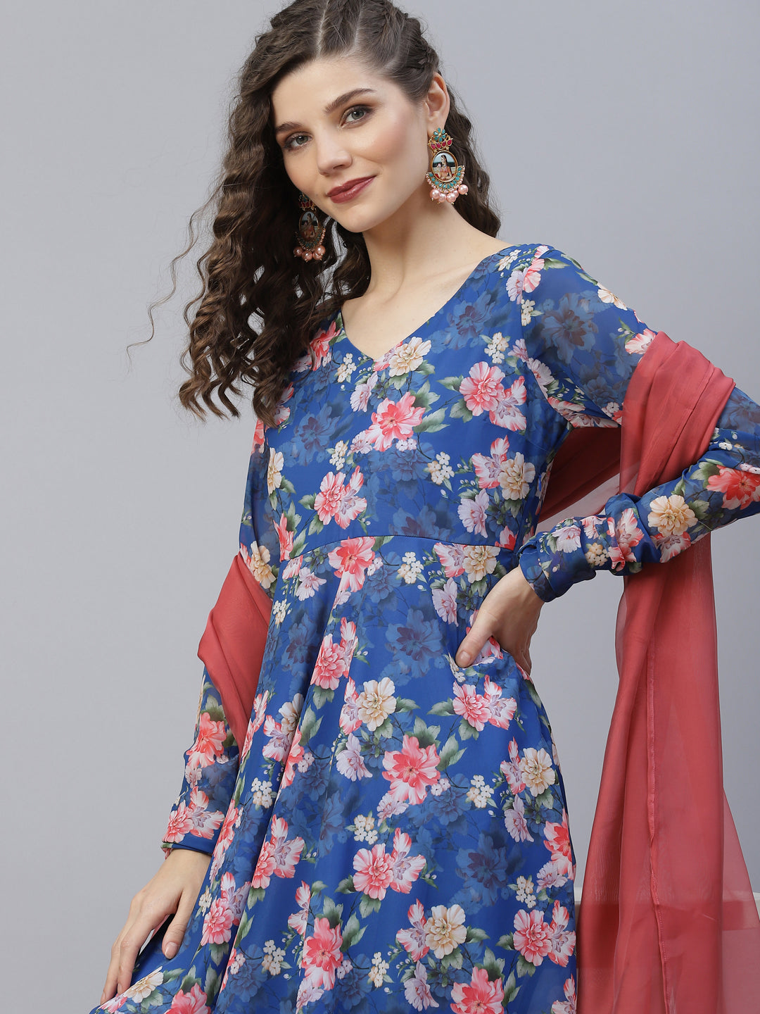 Blue Floral Print Anarkali With Dupatta