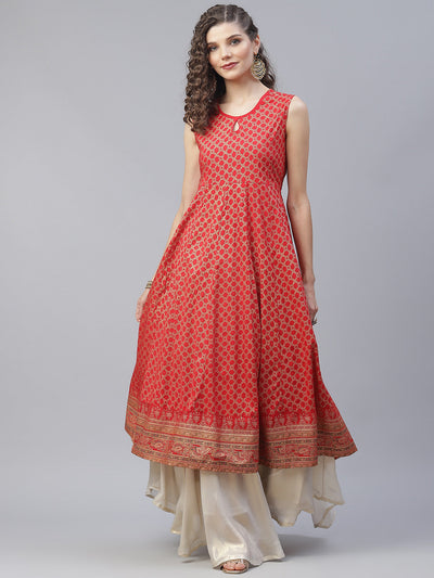 Red Gold Print Anarkali With Jacket