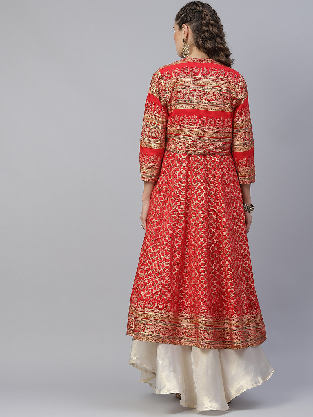 Red Gold Print Anarkali With Jacket