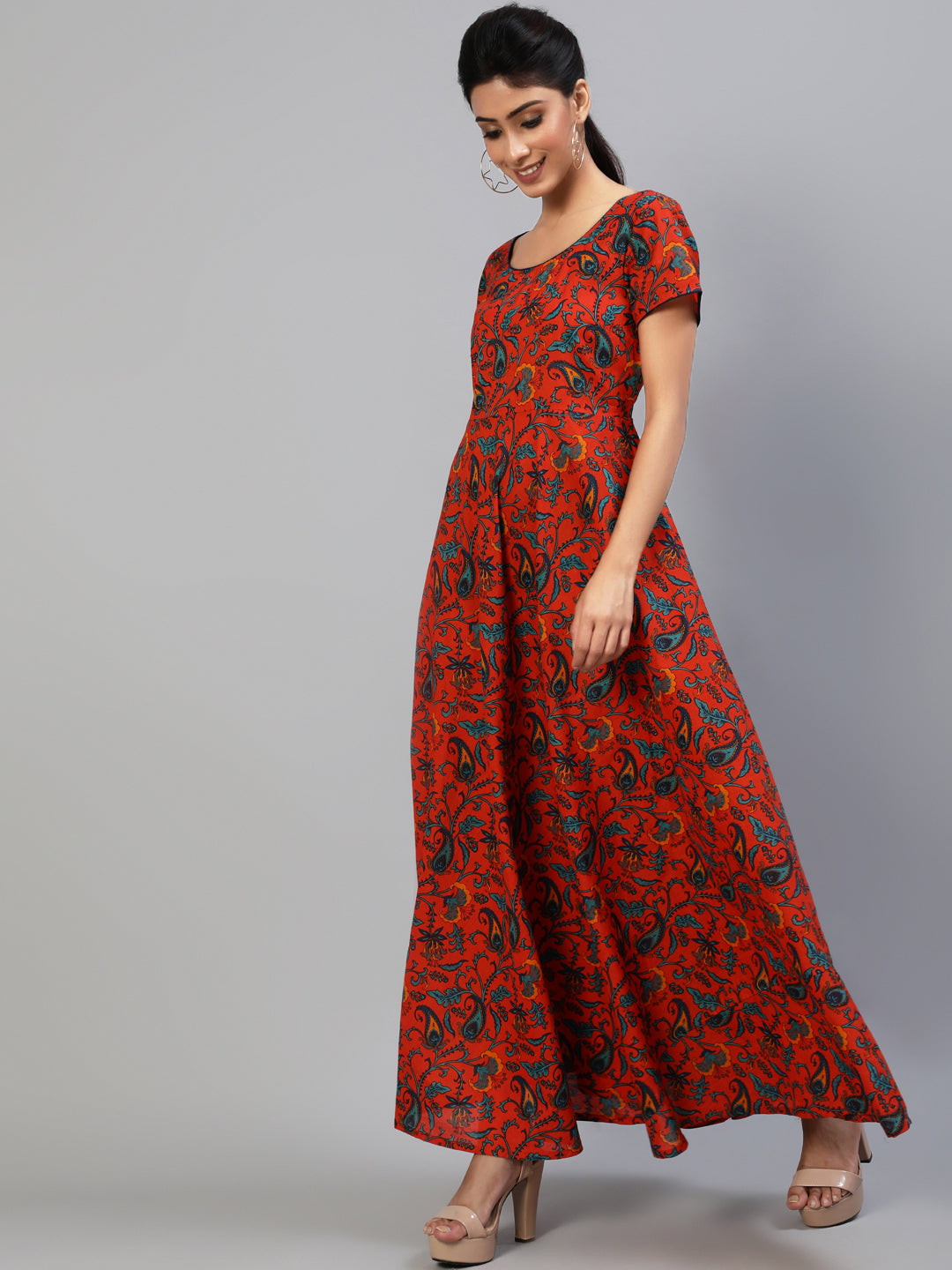 Red Printed Flared Maxi Dress
