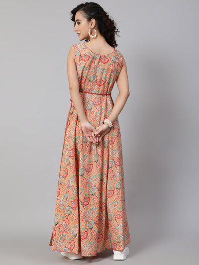 Peach Floral Print Flared Maxi Dress