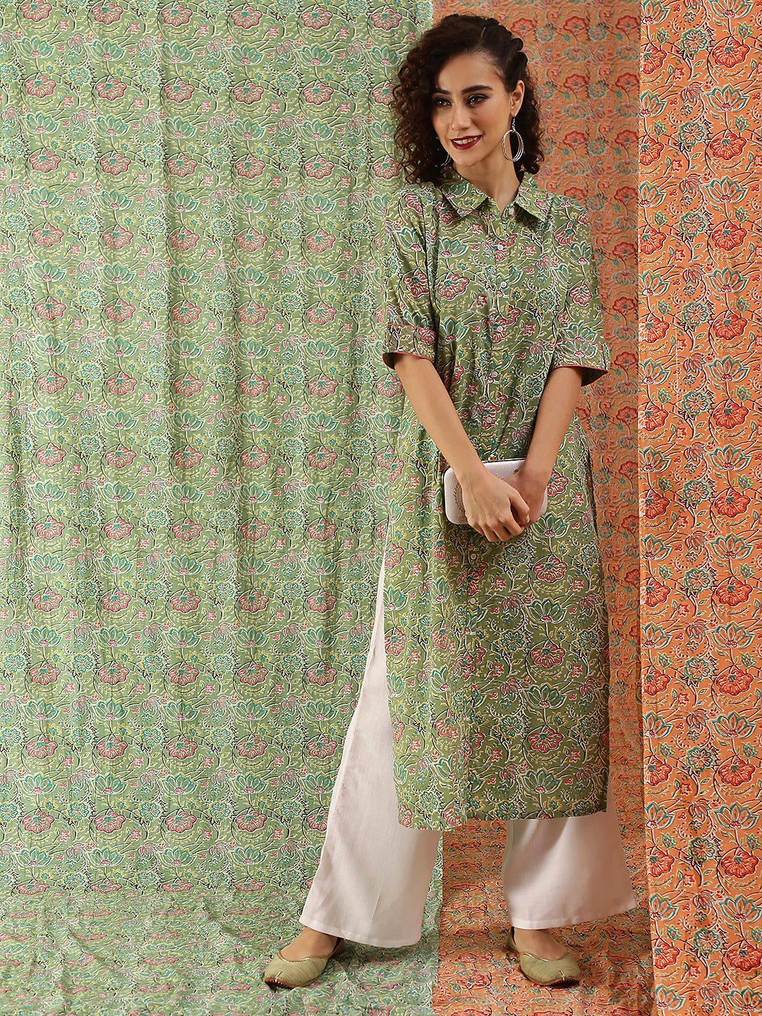Green Floral Print Button Down Kurta